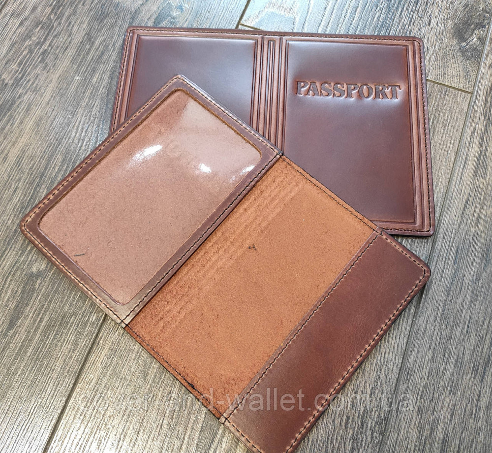 Шкіряна обкладинка на закордонний паспорт коньячного кольору з прозорим вікном PS Leather Київ - фото 3