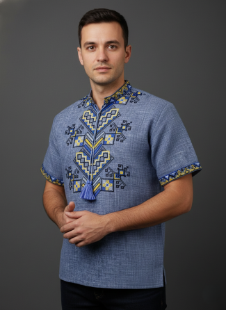 Чоловіча синя вишиванка на короткий рукав в джинсовому кольорі «Дерево життя» Київ
