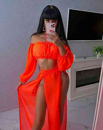Женский яркий пляжный костюм двойка: топ и штаны шифон Оранжевый Одесса