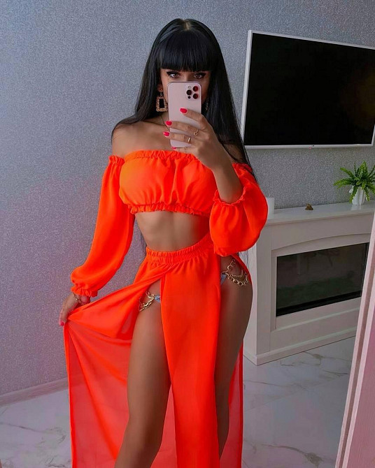 Женский яркий пляжный костюм двойка: топ и штаны шифон Оранжевый Одесса - изображение 2
