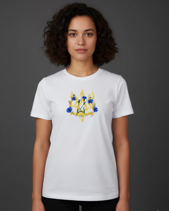 Жіноча Футболка вишита  з великим Тризубом ( колоски і волошки) біла Київ - фото 2