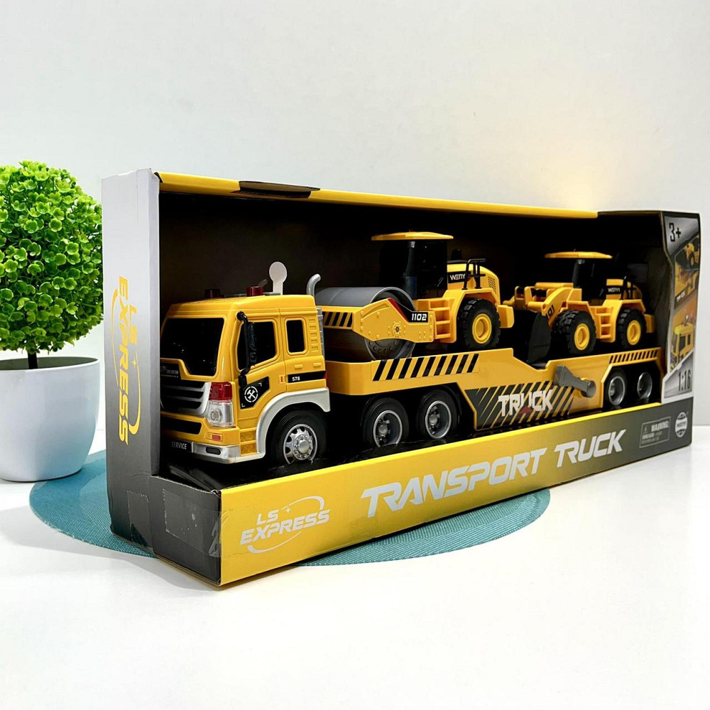 Трейлер будівельний автовоз 2 трактори підсвічування звукові ефекти рухомі деталі інерція гумові шини Жовтий (WY 578 C) Чернігів - фото 4