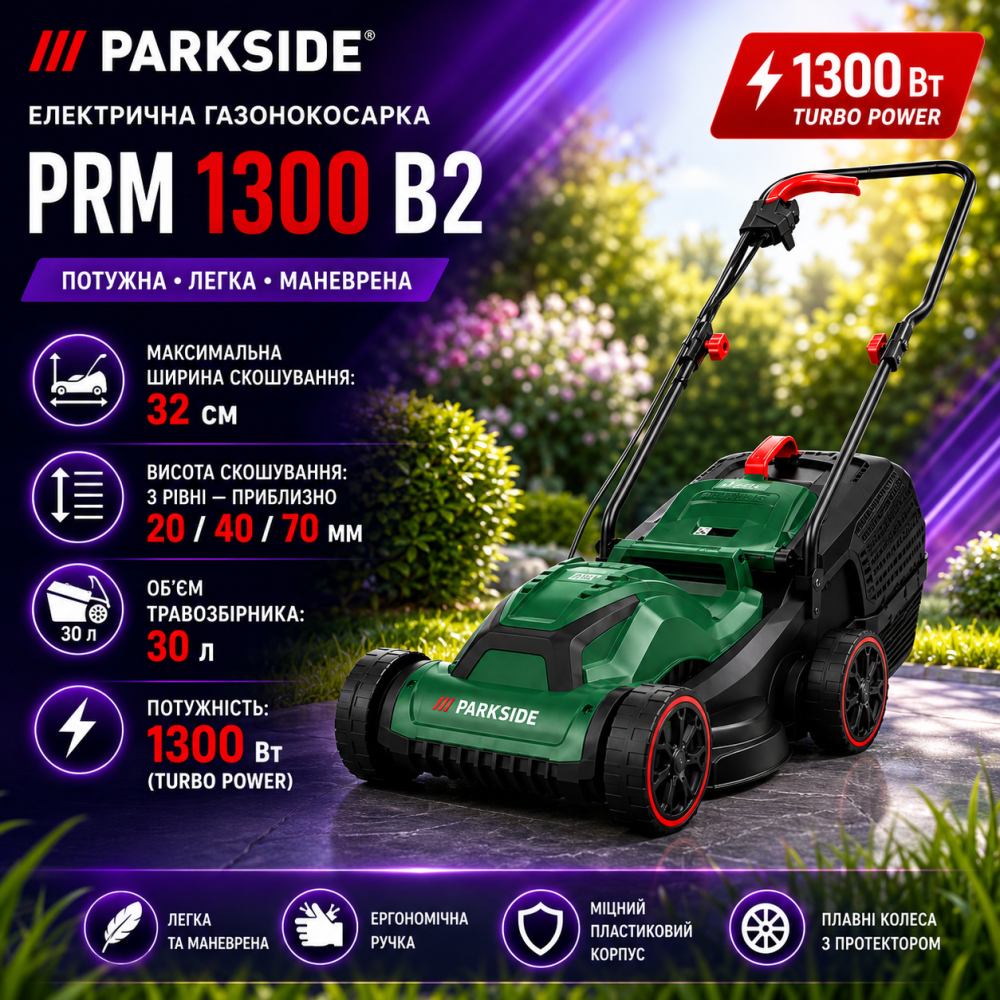 Газонокосилка электрическая Parkside PRM 1300 B2, Профессиональная газонокосилка электрическая с медной обмоткой 1.3 КвT Львов - изображение 1