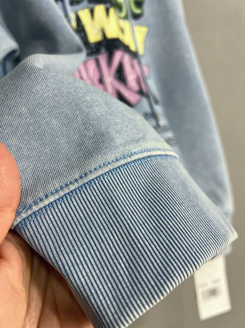 Худи женский A-N 25040 удлиненный оверсайз с капюшоном вареный дай цветная надпись впереди one size, голубой, one size Киев - изображение 12