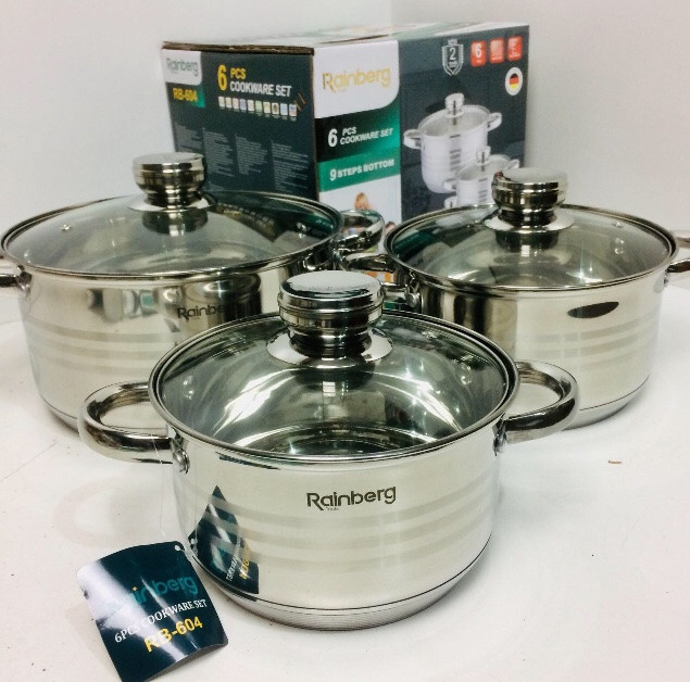 Набор кастрюль Rainberg RB-604 из нержавеющей стали для всех типов плит, 6 предметов (2 шт/ящ) Одесса - изображение 1