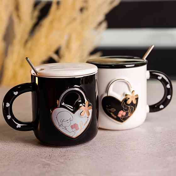 Парные фарфоровые чашки с сердцем и ложкой, 400 мл Киев