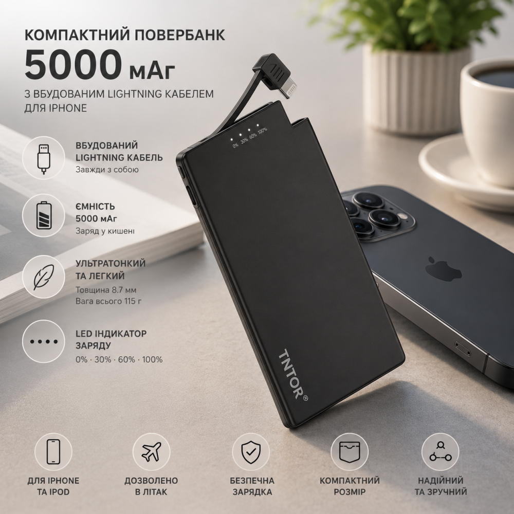 Повербанк 5000 миллиампер-часов со встроенным Lightning кабелем для iPhone, тонкий Power Bank, LED индикатор, 115 граммов Киев - изображение 9