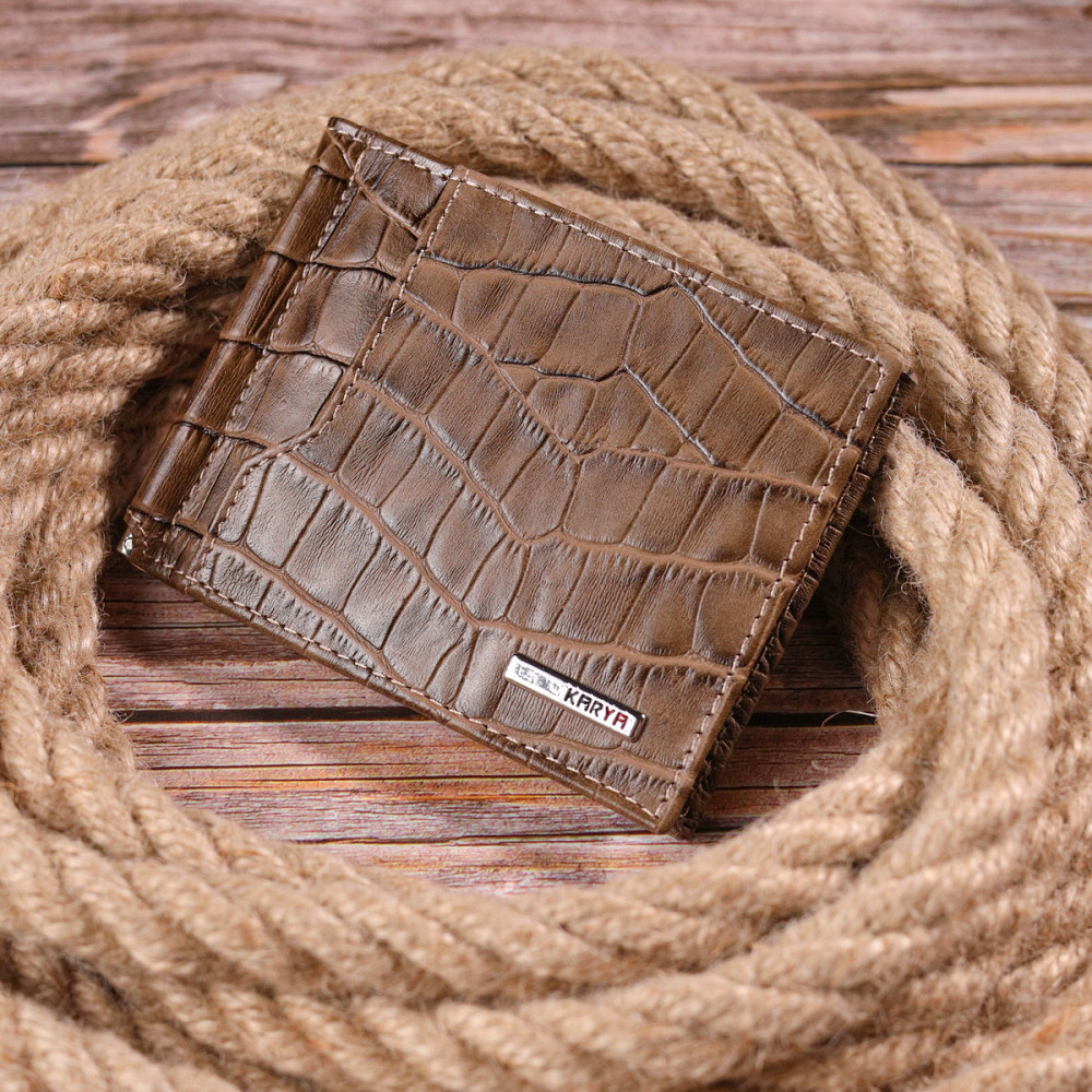 Фактурний чоловічий затиск із натуральної шкіри з тисненням під крокодила KARYA 21415 Бежевий Київ - фото 8
