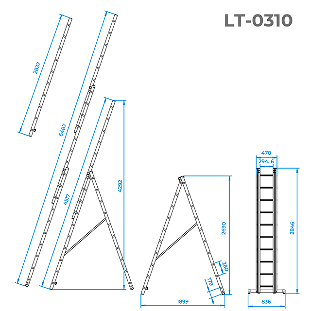 Драбина алюмінієва, 3‑секційна універсальна розкладна, 3×10 сход., 6,77 м, 150 кг INTERTOOL LT-0310 Киев - изображение 4