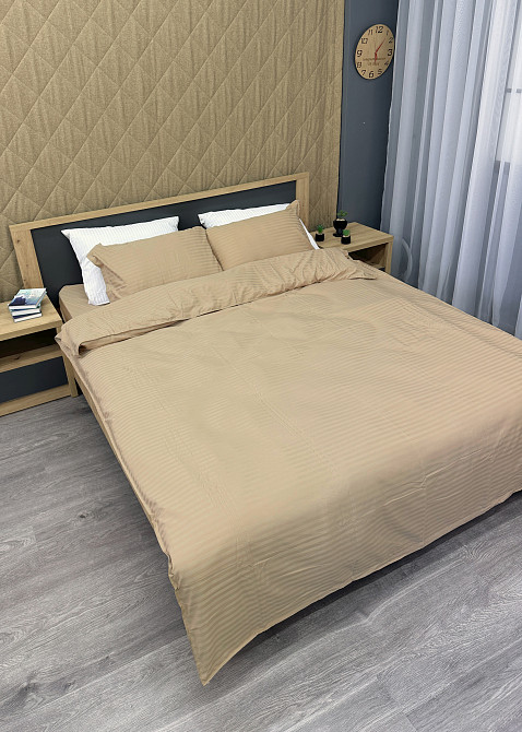 Комплект постельного белья Страйп-сатин Двуспальный 180х220 с простыней на резинке Бежевый (88-161) Киев - изображение 4