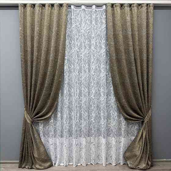 Комплект штор VR-Textil Жакард Fantasy 150х270 2шт і Тюль 600х270 1631ш-1783т Капучино з білим 71-047/5 Київ