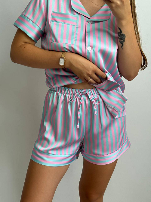 Жіноча сатінова піжама смужка Блакитно-Розовий M-L Харків - фото 5