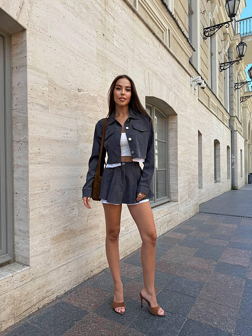 Жіночий стильний костюм-двійка: жакет і спідниця вельвет Графіт, 42/44 Одеса - фото 8