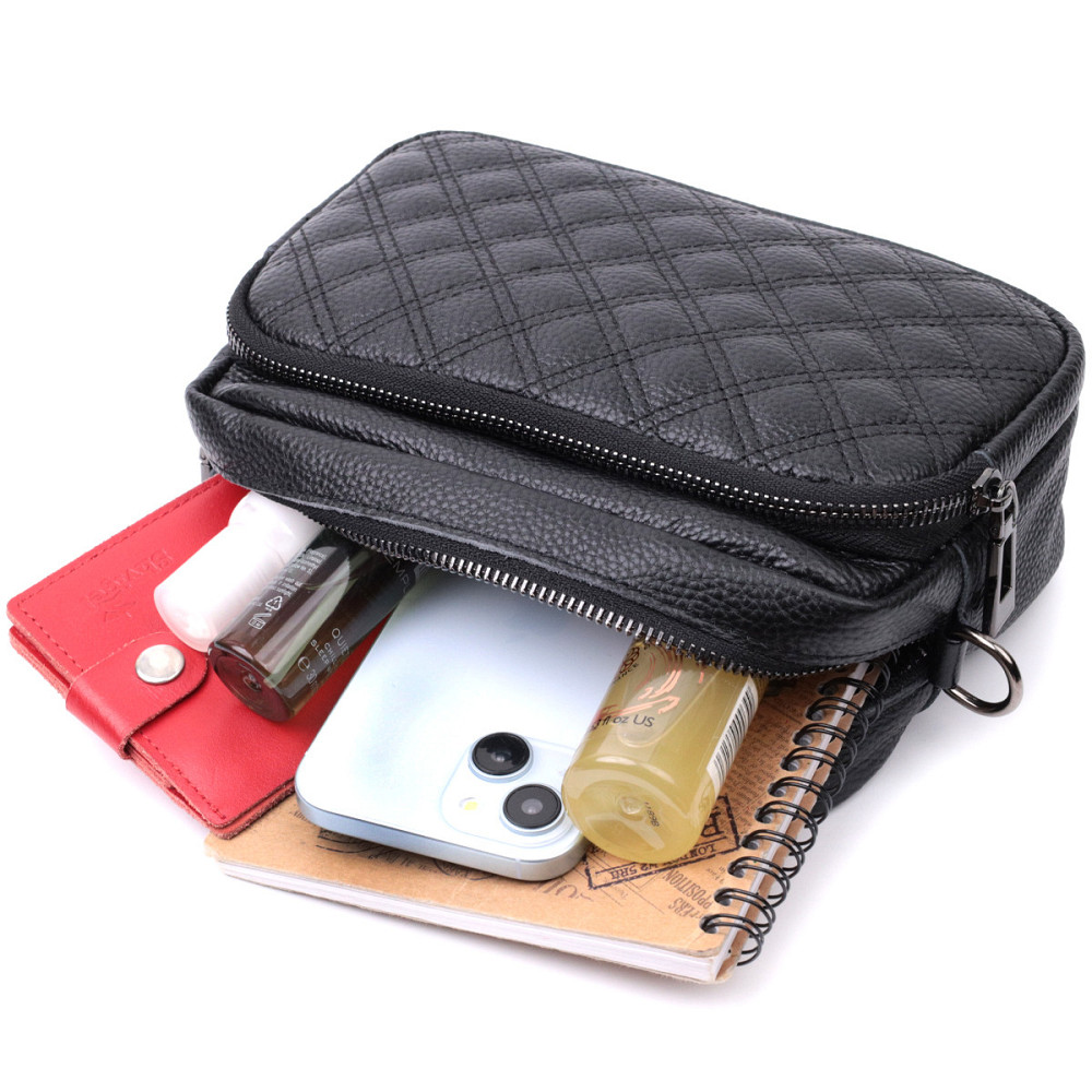 Жіноча сумка прошита ромбами на лицьовій стороні з натуральної шкіри Vintage 22634 Чорна Київ - фото 10