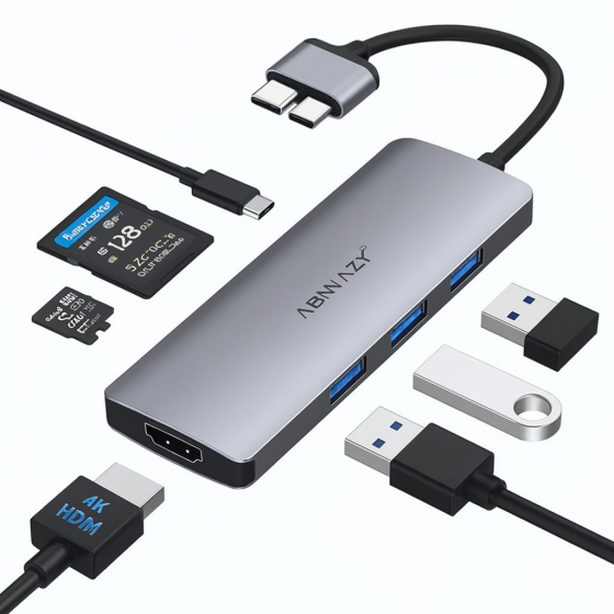 Док-станция хаб Abiwazy 8 в 2 для MacBook Pro и MacBook Air, USB-C адаптер с 2 HDMI, 3 USB 3.0, PD 100W, SD/TF, цвет серый Киев