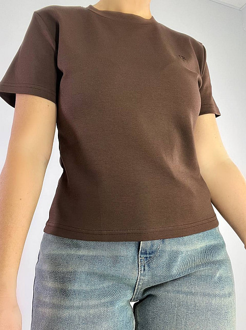 Футболка жіноча A-N 25197 вишивка літера F однотонна базова середня довжина one size, коричневий, one size Київ - фото 18