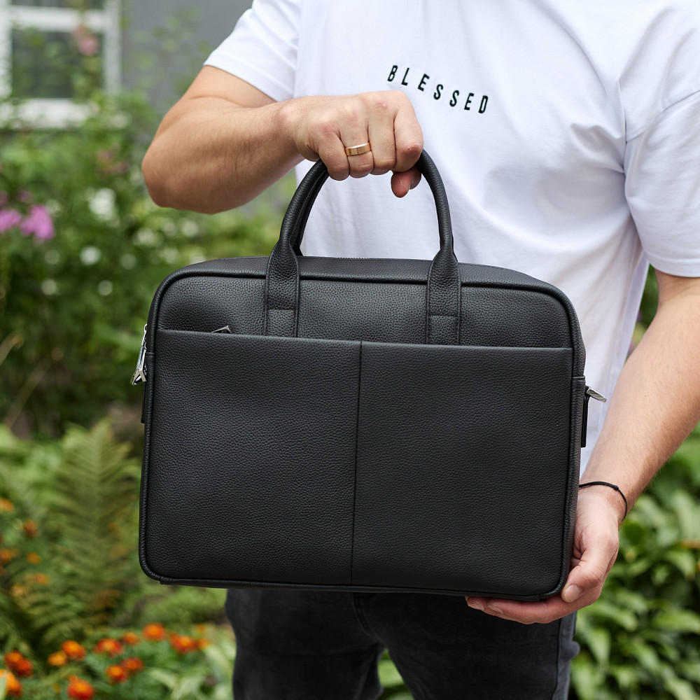 Мужской портфель на плечо 38х28х8.5, офисный кожаный мессенджер, мужская деловая сумка для города, черная Каменское - изображение 1