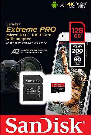 Карта памяти microSDXC (UHS-1 U3) SanDisk Extreme Pro A2 128Gb class 10 V30 (R200MB/s,W90MB/s) (adapter) Киев