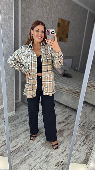 Женская оверсайз рубашка в клетку турецкая фланель Беж 2, 50/56 Одесса - изображение 3