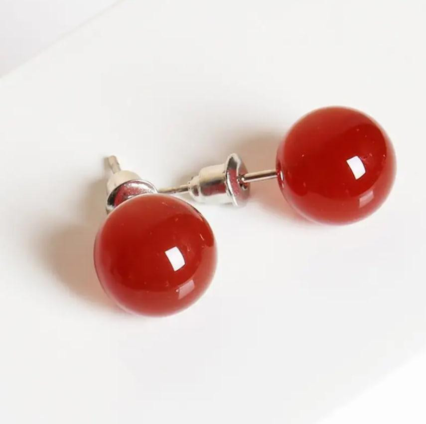 Серьги из красного агата, круглые серьги из натурального красного агата, серьги гвоздики. Киев - изображение 1