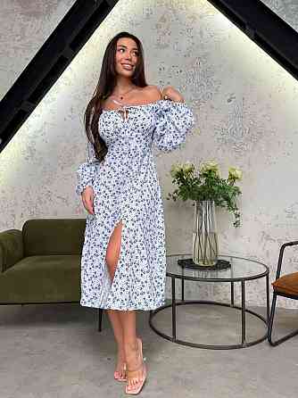 Стильное женское элегантное платье с цветами муслин принт. Голубой, 46/48 Одесса