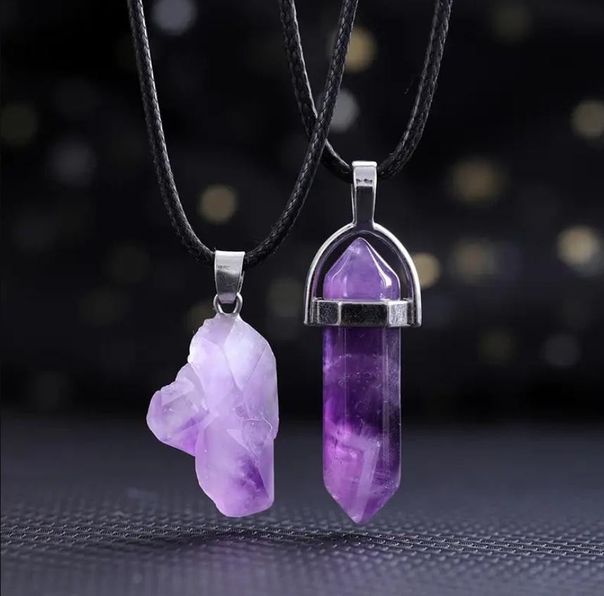 Набір підвісок із натурального каменю аметисту на шнурку (2 шт.), прикраси з аметисту Київ - фото 1
