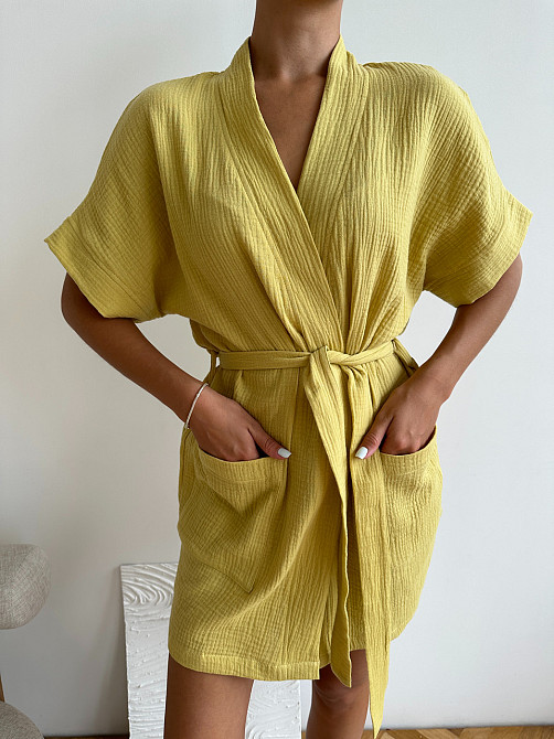 Халат жіночий літній бавовна з мусліну короткий COSY Hawaii з коротким рукавом на запах з кишенями гірчичний Одеса - фото 5