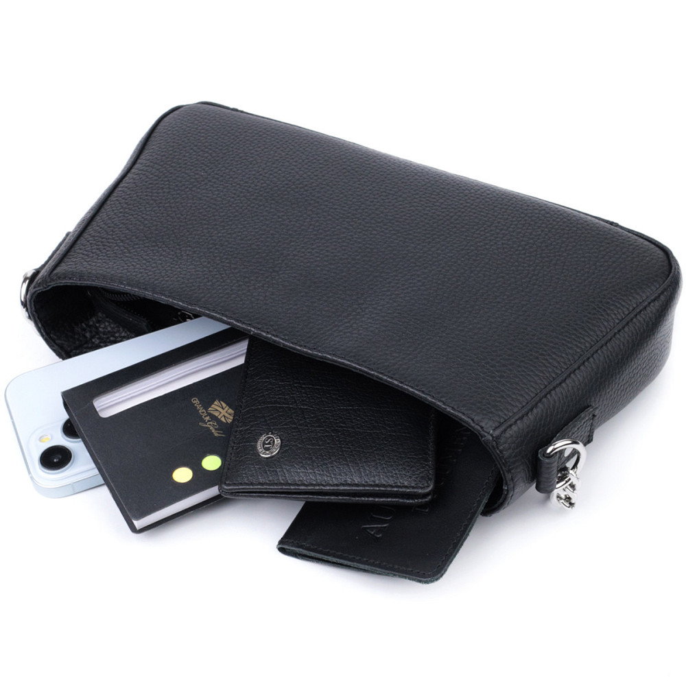 Жіноча сумка багет з ланцюжком і ремінцем який знімається з зернистої натуральної шкіри Shvigel 22837 Чорна Київ - фото 8