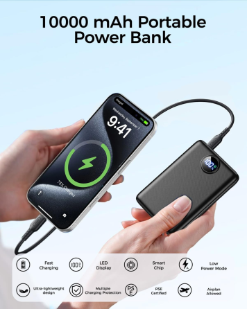 Повербанк LKOY 10000 мАг, 22,5 Вт, швидка зарядка PD 3.0/QC 3.0, 3 порти USB-A/USB-C, LED-дисплей, чорний Київ