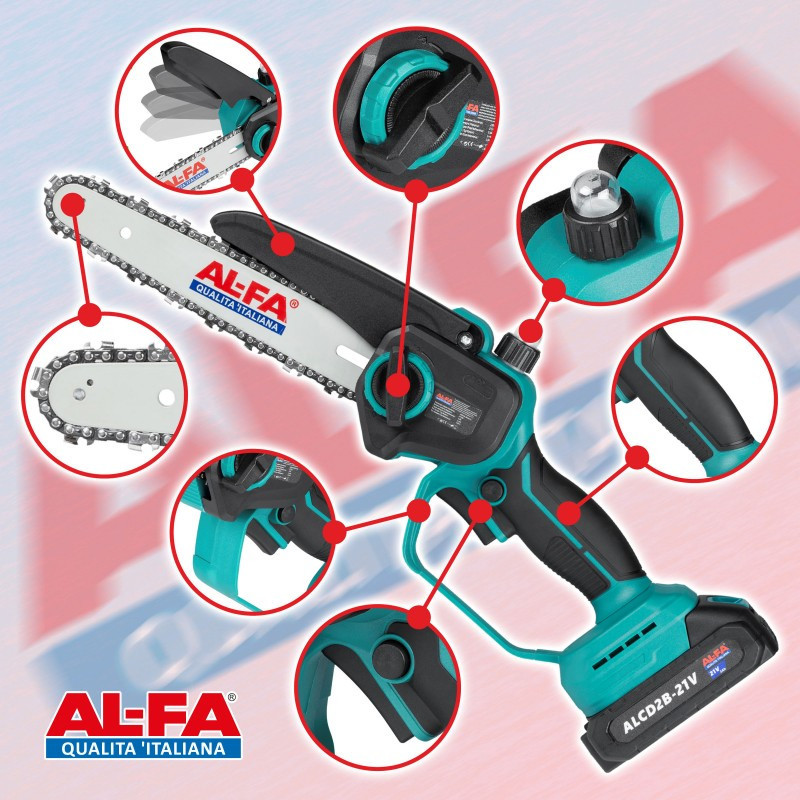 Цепная аккумуляторная пила ALFA ALCMCS8-21V – 21V, 2.0Ah, бесщеточный двигатель, шина 8
