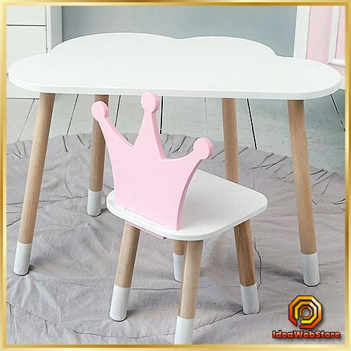 Деревянный столик и стульчик для ребенка уютный набор для дома и детсада Стол белый тучка и стул корона розовы Киев - изображение 1