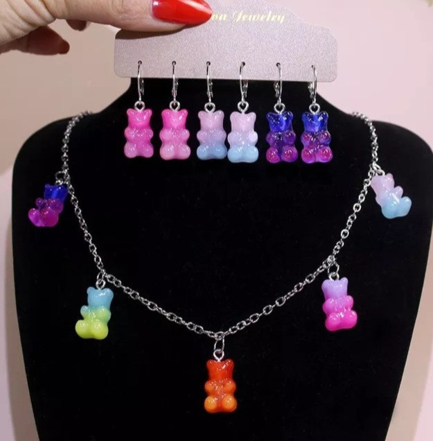 Украшения мишки сережки 3 пары и ожерелье разноцветный Киев - изображение 1