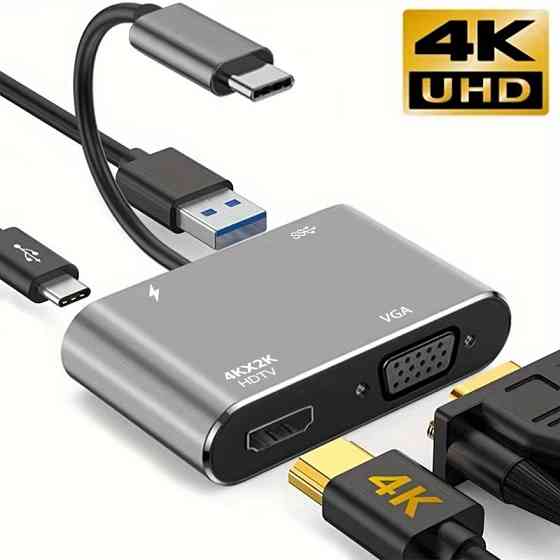 Концентратор Type-C 4 в 1, адаптер type-c 3.0 до 4K HDMI HDTV, VGA USB 3.0 PD, розгалужувач швидкої зарядки Запорожье