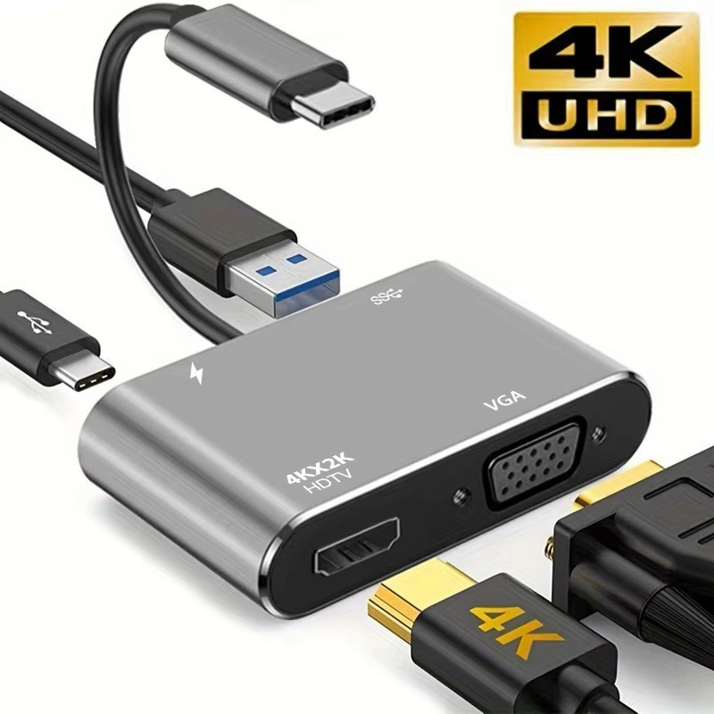 Концентратор Type-C 4 в 1, адаптер type-c 3.0 до 4K HDMI HDTV, VGA USB 3.0 PD, розгалужувач швидкої зарядки Запоріжжя - фото 3