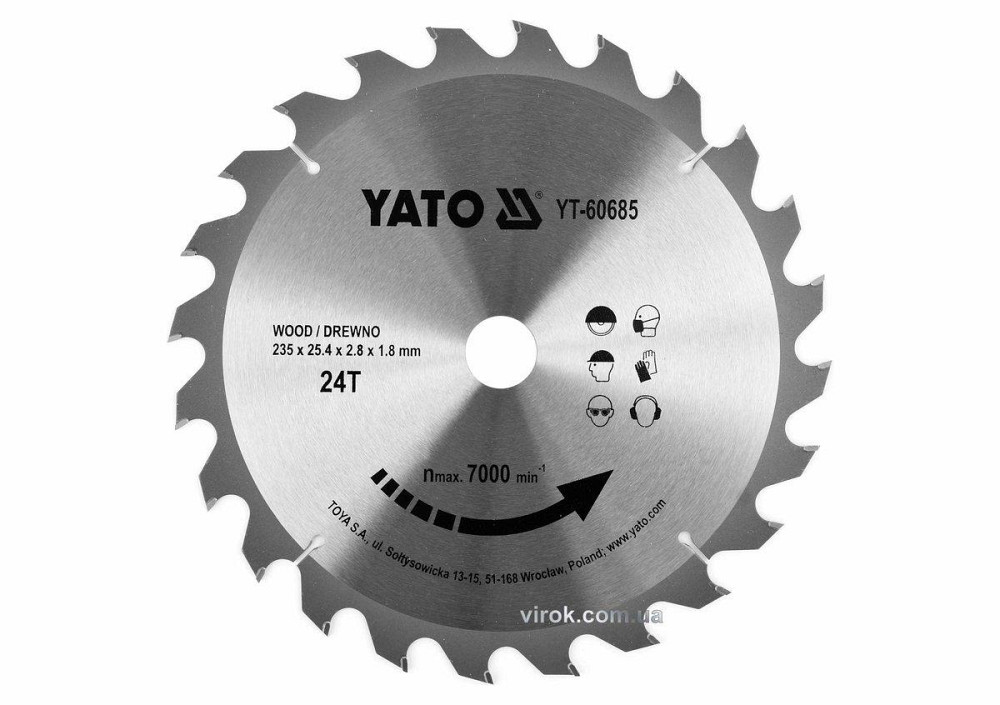 Диск пиляльний победітовий по дереву YATO: 235x25.4x2.8x1.8 мм, 24 зубці, R.P.M до 7000 1/хв [10/20] Одеса - фото 1