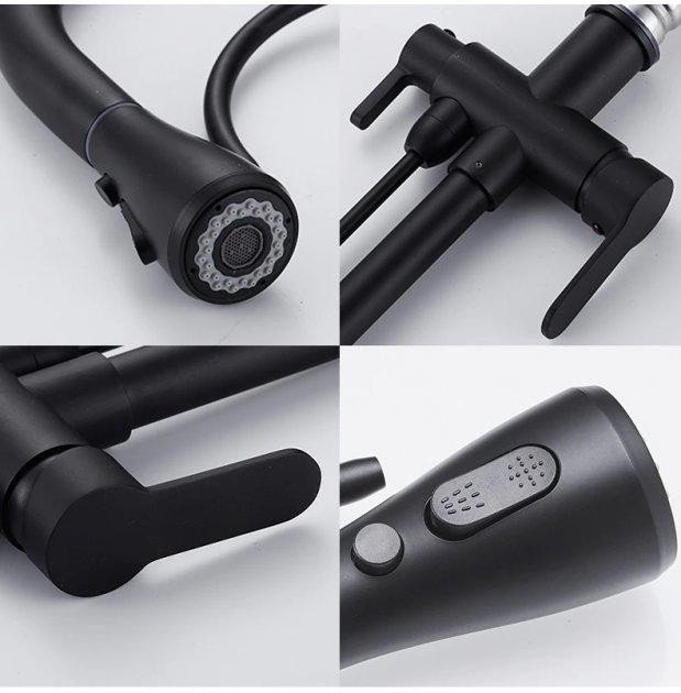 Змішувач для кухні латунний із підключенням до фільтру, кран кухонний із висувним шлангом WanFan Чорний Кам'янець-Подільський - фото 8