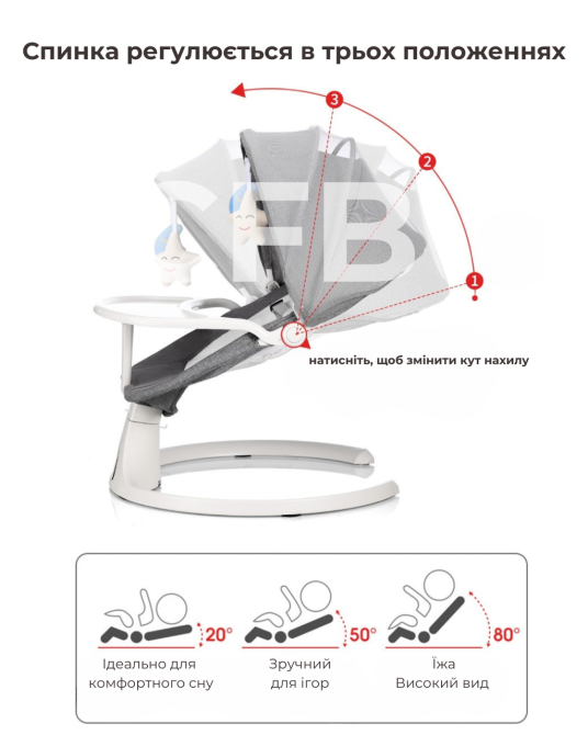Укачивающий центр 2в1 со столешницей детский шезлонг от рождения с пультом управления Серо-белый Киев - изображение 4