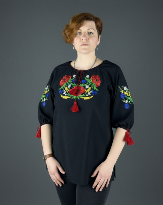 Женская черная натуральная вышиванка «Мак-волошка» полевые цветы Киев - изображение 2