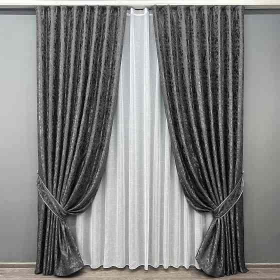 Комплект штор VR-Textil Льон Мармур 150х270 2шт і Тюль 600х270 1267ш-115т Сіро-коричневий з білим 71-141/5 Київ