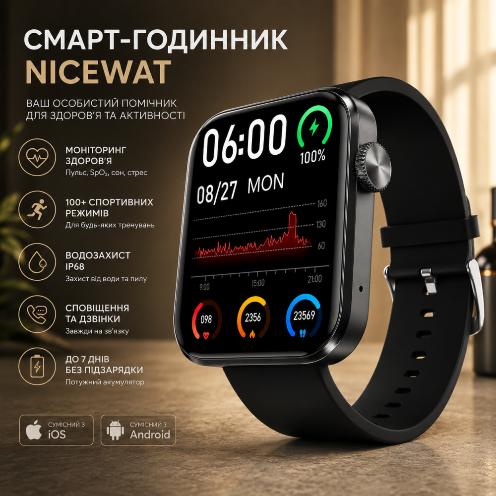 Смарт-годинник NICEWAT 1.8" IPS: Фітнес-трекер з моніторингом здоров'я, IP68, для Android/iOS, Чорний Київ - фото 9