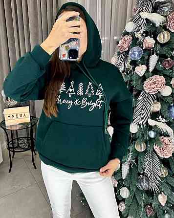 Женское уютное оверсайз худи с новогодним принтом трехнитка на флисе Изумрудный, 42/46 Одесса