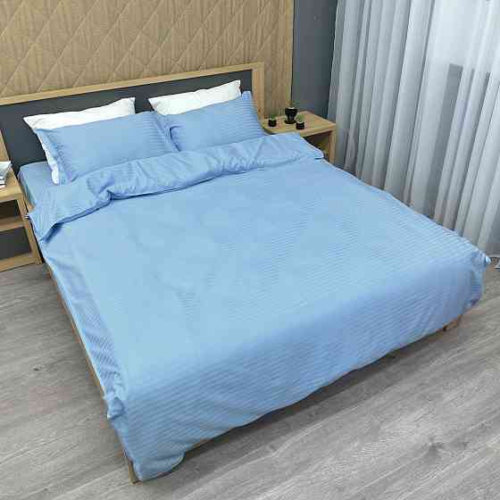 Комплект постельного белья Страйп-сатин Двуспальный 180х220 с простыней на резинке Голубой (88-114) Киев