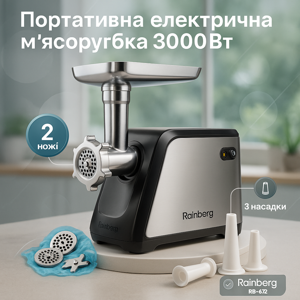 Електрична м'ясорубка нержавіюча Rainberg, М'ясорубка 2000 Вт Домашня електром' CM-27 Львів - фото 15