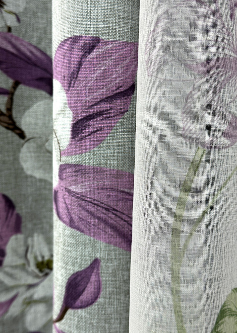 Комплект штор VR-Textil Лен Прованс 100х265 2шт и Тюль 300х265 1820ш-1367т Серый с фиолетовым и белым 71-108/1 Киев - изображение 5