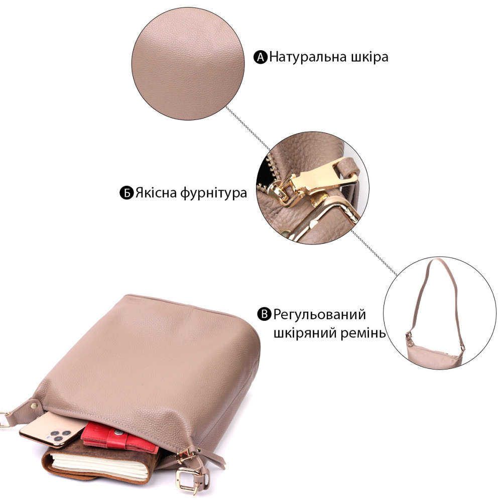 Практичная женская сумка с одной длинной ручкой из натуральной кожи Vintage 22306 Бежевая Киев - изображение 4