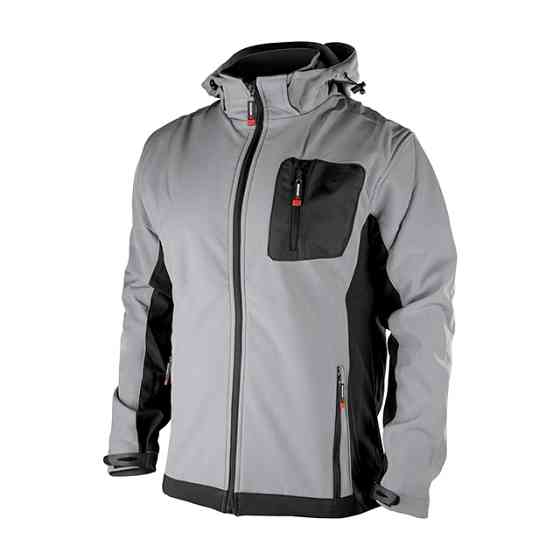 Куртка SOFTSHELL світло-сіро/чорна, з капюшоном, тришарова, стрейч 300 GSM 100D, водо-/вітрозахист, 96% поліестер / 4% еластан, 3 кишені, L Львів