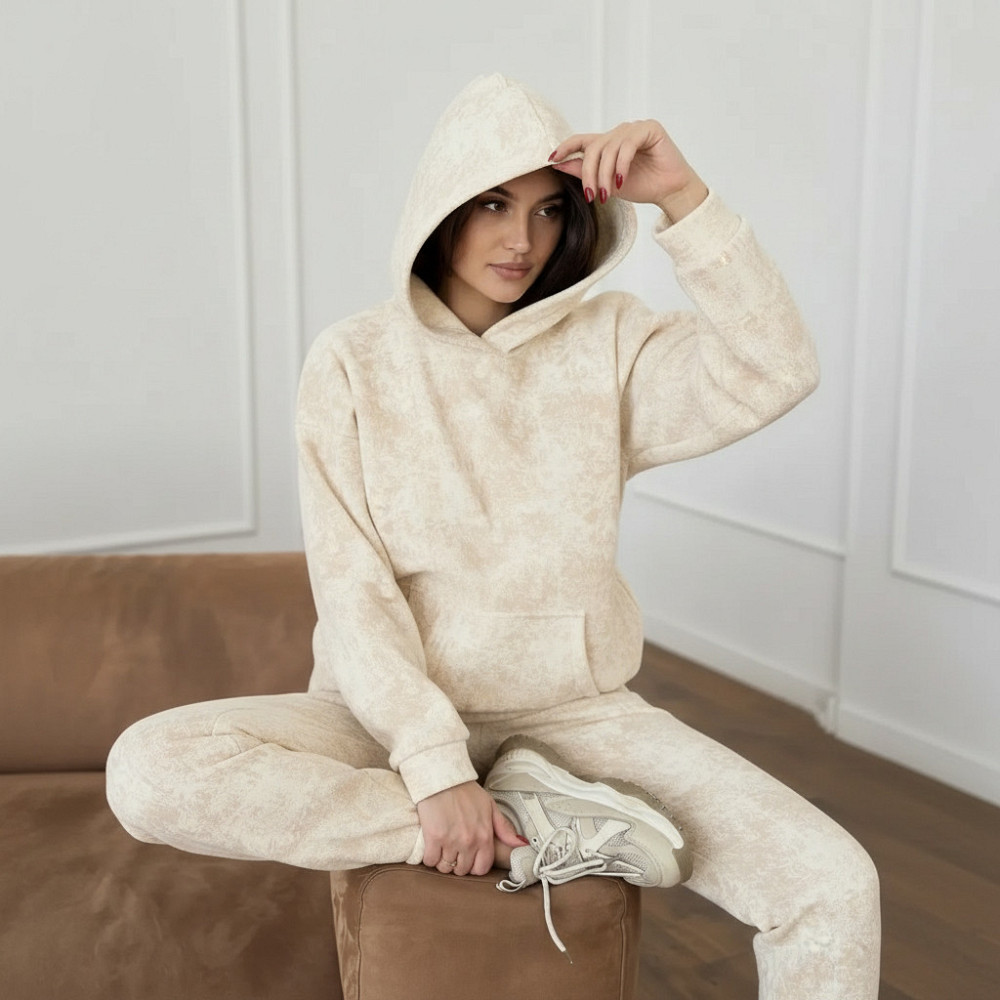 Теплий спортивний костюм жіночий мармуровий принт на флісі Бежевий S-M Харків - фото 11