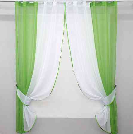 Кухонные шторы VR-Textil № 017к комбинированные с подвязками темно-салатовый с белым 265х170 см (50-639) Киев