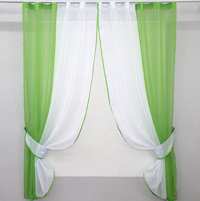 Кухонные шторы VR-Textil № 017к комбинированные с подвязками темно-салатовый с белым 265х170 см (50-639) Киев - изображение 1