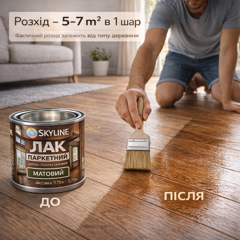 Лак для підлоги матовий Skyline паркетний, акрил-поліуретановий, водний, зносостійкий, без запаху, 750 мл Харків - фото 5
